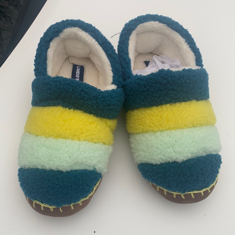 Lands end kids slippers furry blue yellow & mint green unisex 3 new neve…